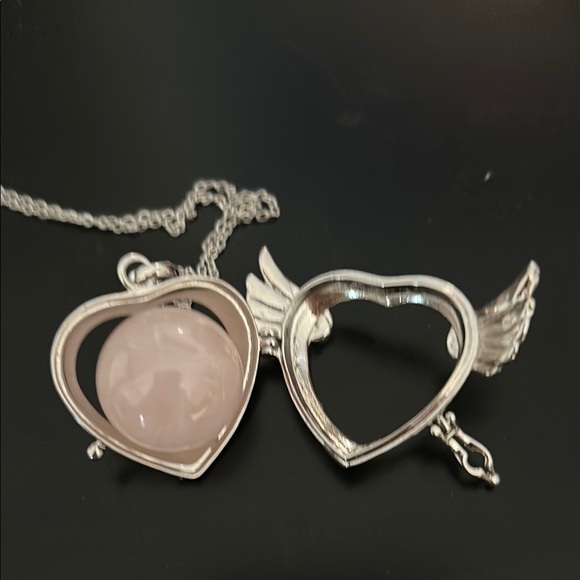 Silver Angel Heart Necklace with Rose Quartz Crystal Stone Pendant - Picture 3 of 3